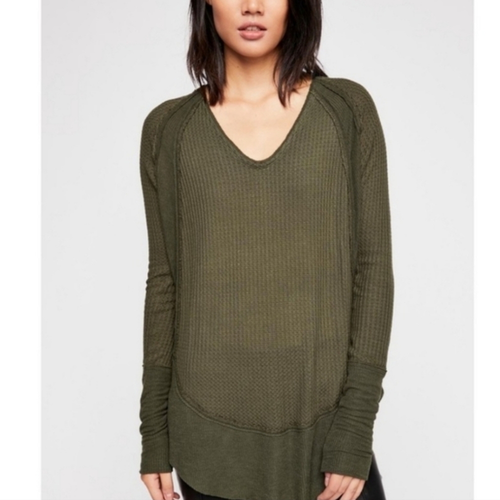 Free People Catalina Thermal Tee Long Sleeves Oversized Slouchy Olive Small EUC - Picture 8 of 15